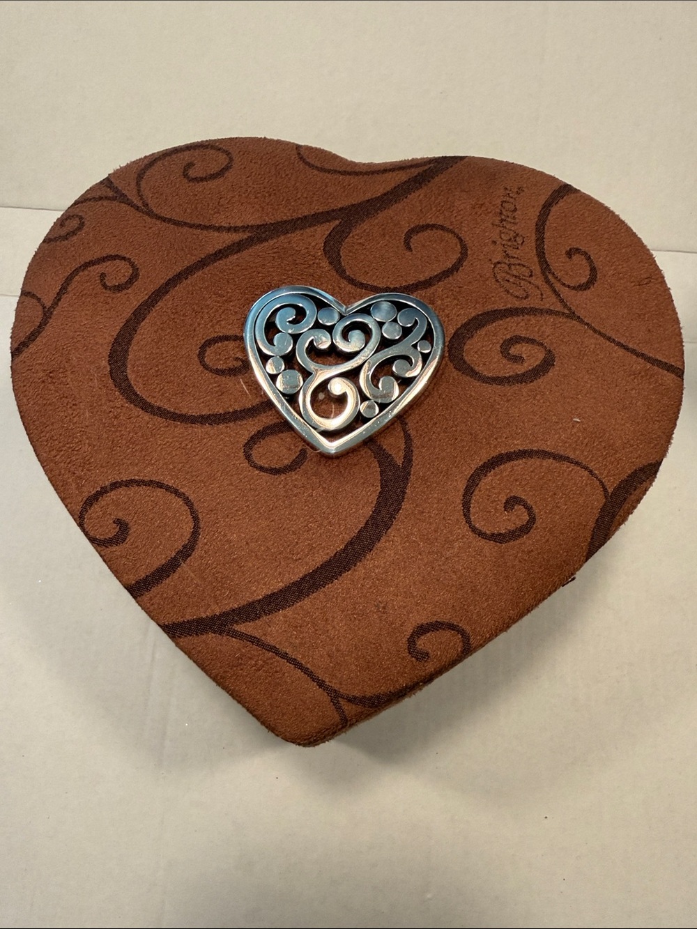 Brighton Brown Heart Accent Box with Silver Scroll Heart Jewelry box